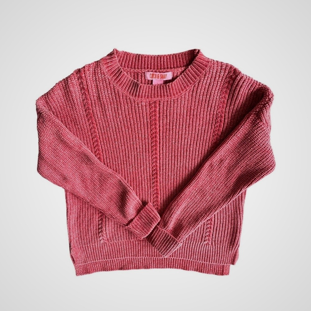 Coco & Shay Women Chenille Cable Knit‎ Sweater Rose Pink Ribbed Pullover L